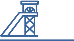 Blue outline illustration of a mining headframe with a sloped conveyor and a large wheel, positioned on the left side of a white background.