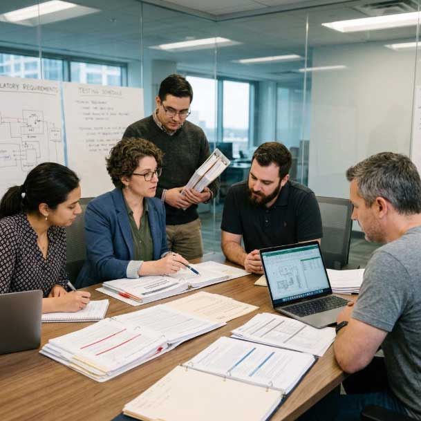 A group of people sitting around a table, going through a report together