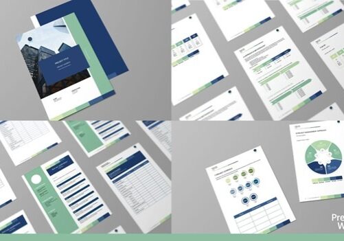 A collage showing various business documents and reports with blue and green headers, charts, and tables. Documents are laid out in a clear, organized manner. The Precision Writing logo is visible in the bottom right corner.