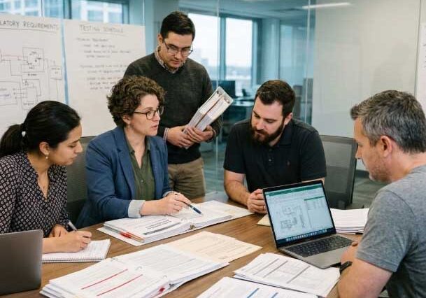 A group of people sitting around a table, going through a report together