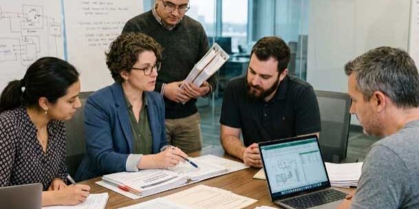 A group of people sitting around a table, going through a report together