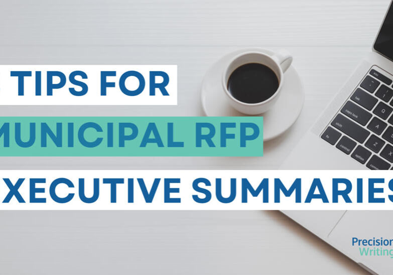 Image with text: "8 Tips for Municipal RFP Executive Summaries." The background shows a coffee cup on a saucer next to a partially visible laptop, with the Precision Writing logo in the bottom right corner. The text is displayed in bold white and teal letters.